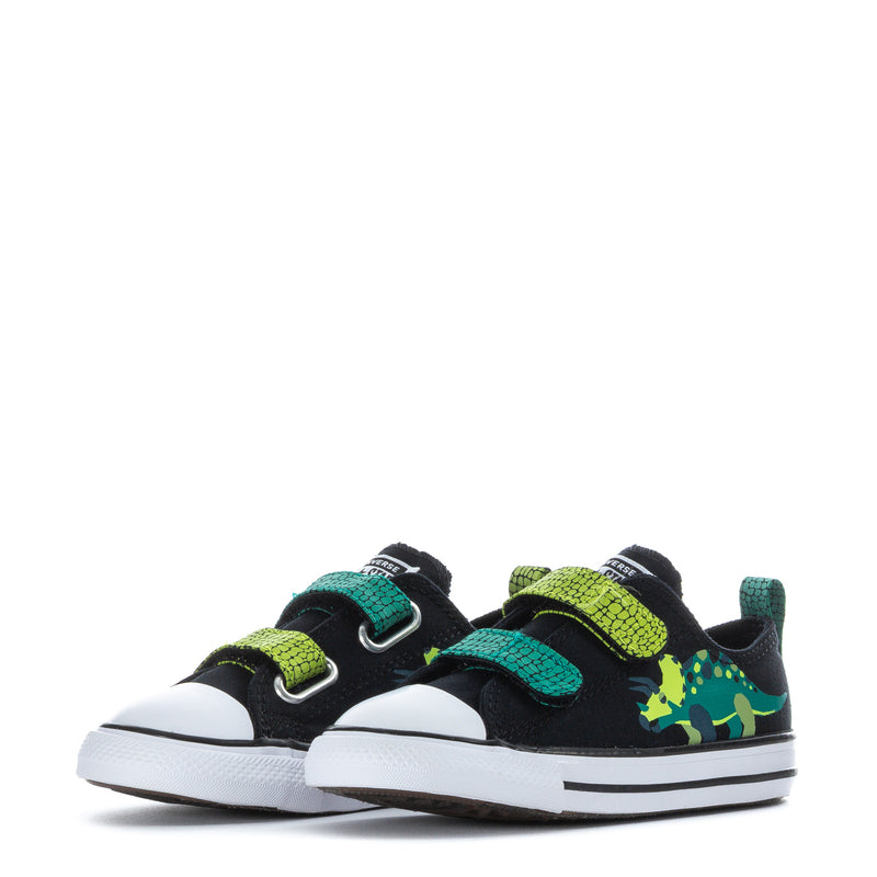 Pair of toddler black dinosaur sneakers with neon green and teal hook-and-loop straps, white soles