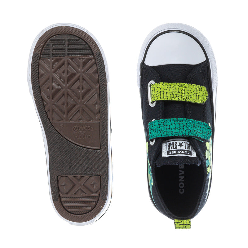 Toddler black dinosaur sneakers, rubber outsole and heel, two neon green/teal Velcro straps