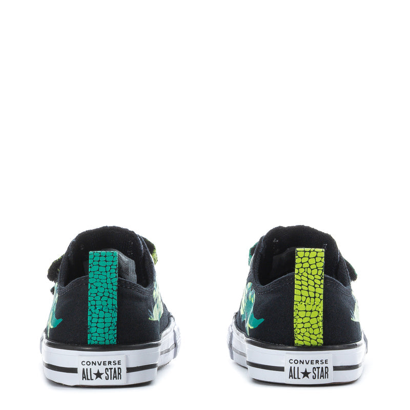 Back view of toddler black dinosaur sneakers with neon heel strap and Converse All Star branding