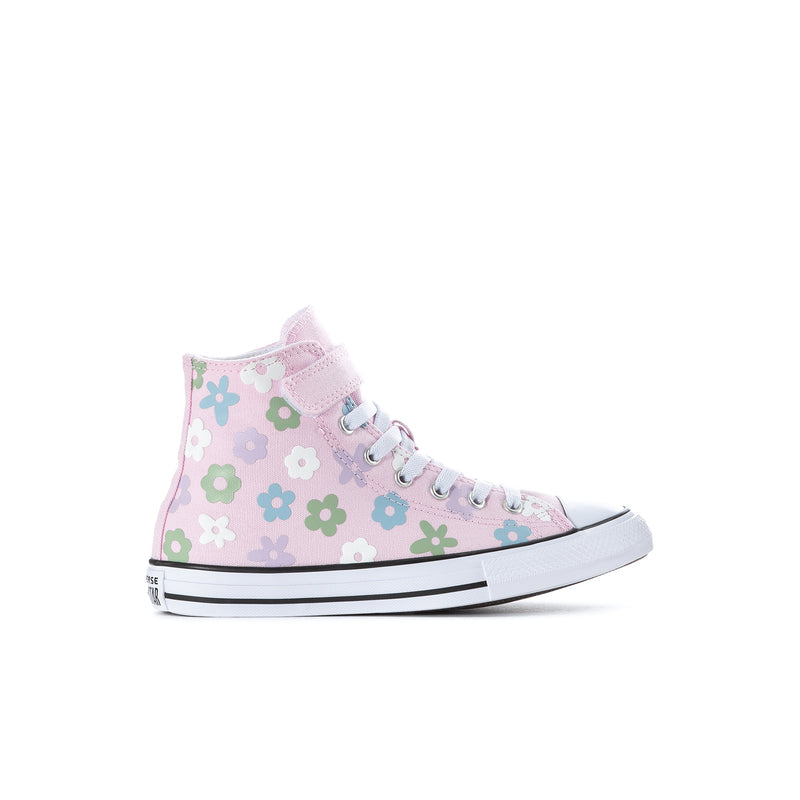 Kids' high-top sneakers in pink with blue-green floral print, lace-up, white rubber toe