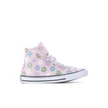 Kids' high-top sneakers in pink with blue-green floral print, lace-up, white rubber toe