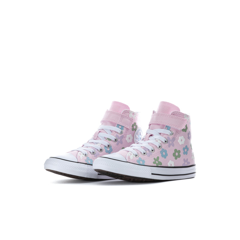 Kids' high-top sneakers pair with pink floral canvas, pink lace-up, white rubber sole