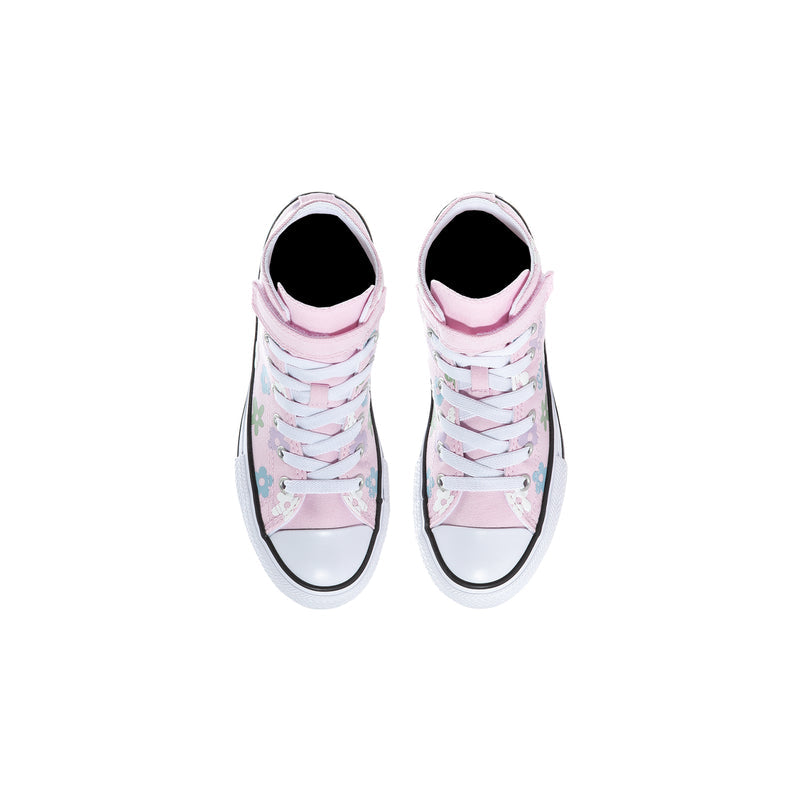 Kids' high-top sneakers with pink lining and padded collar, white laces, rubber toe caps
