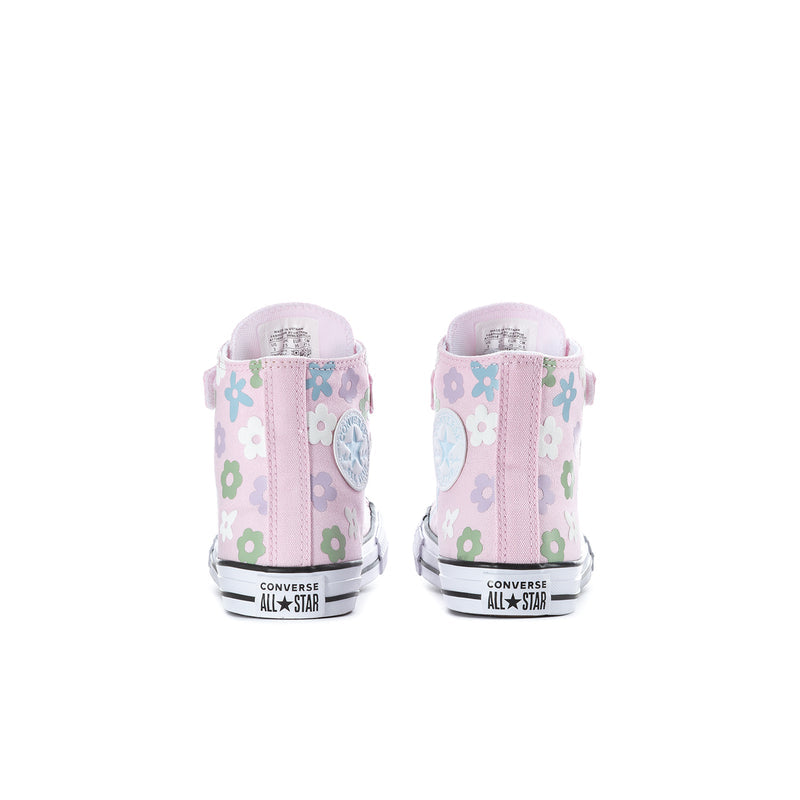 Kids' high-top sneakers backs in pink floral canvas, heel tabs, Converse All Star branding