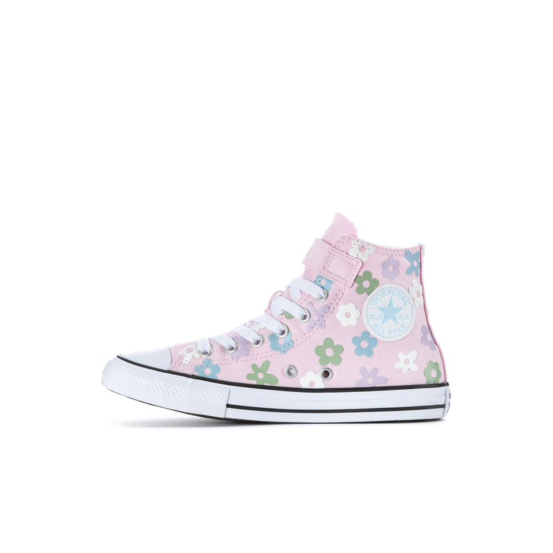 Kids' high-top sneakers front view in pink floral canvas, star patch, white rubber sole
