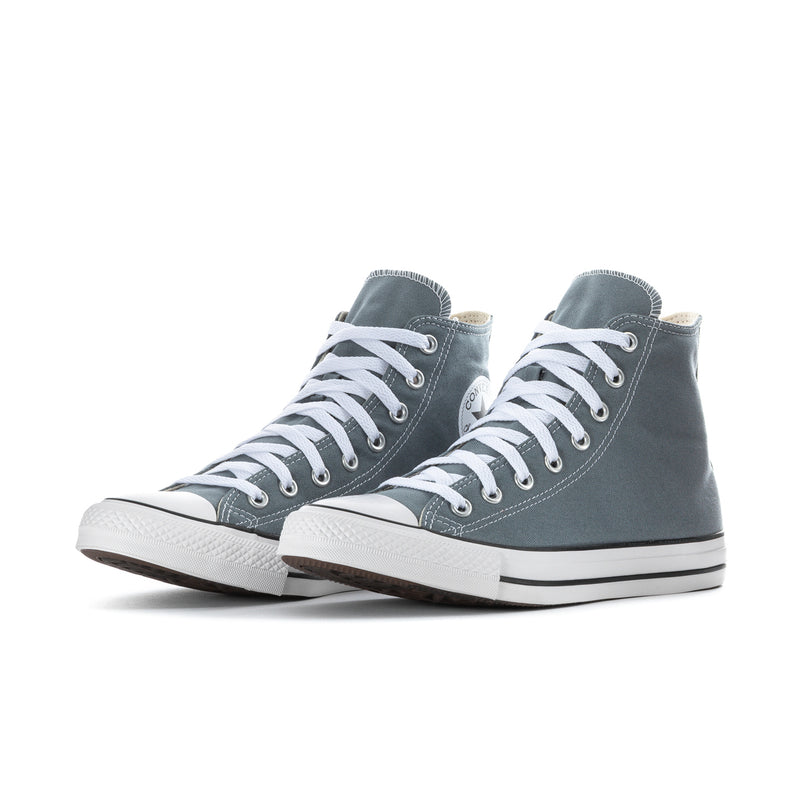Pair of men's high-top canvas sneakers, blue-gray with white laces and rubber toe cap