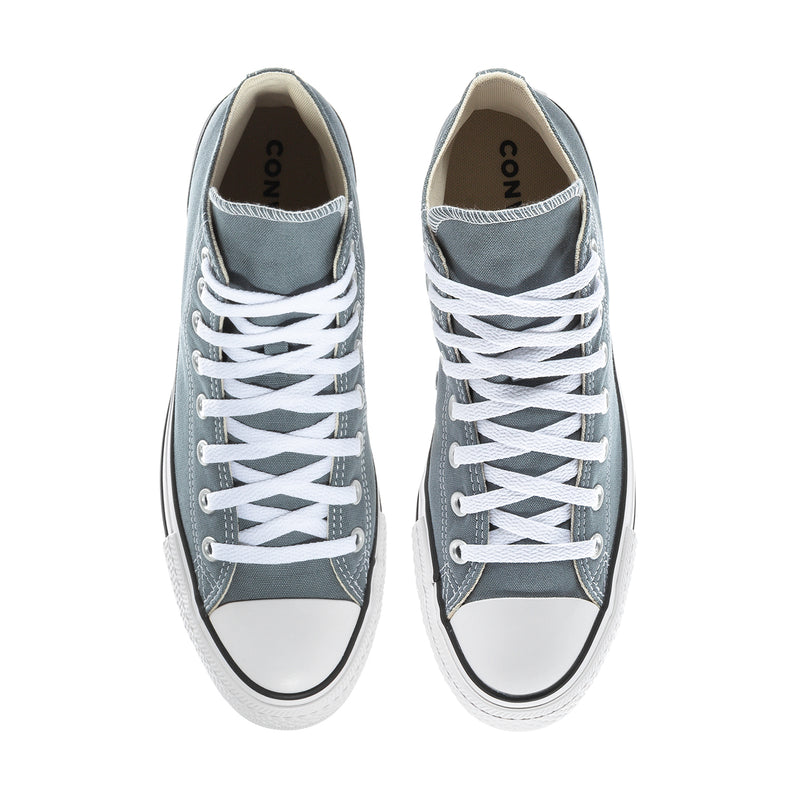 Blue-gray men's high-top sneakers with white laces, front view showing toe and eyelets