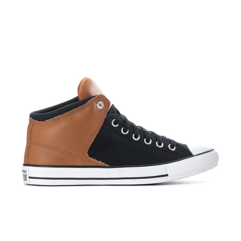 High-top Chuck Taylor sneaker in black and brown with white rubber sole