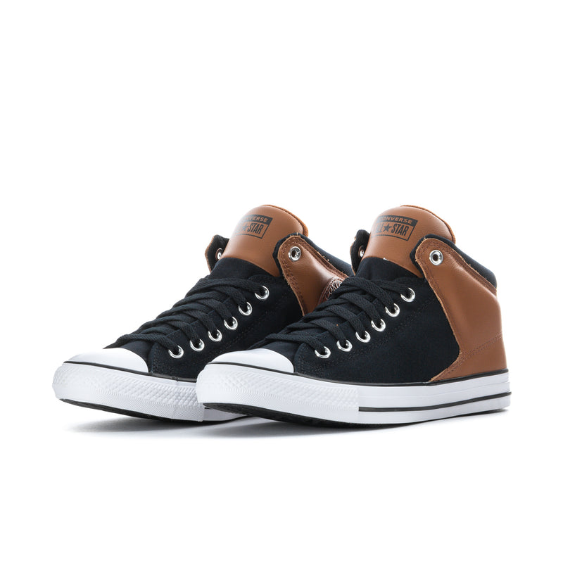 Pair of high-top sneakers, black canvas with brown uppers and white rubber sole