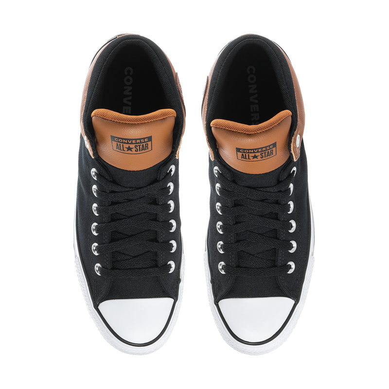 High-top sneakers with black laces, white toe cap, and tan inner lining