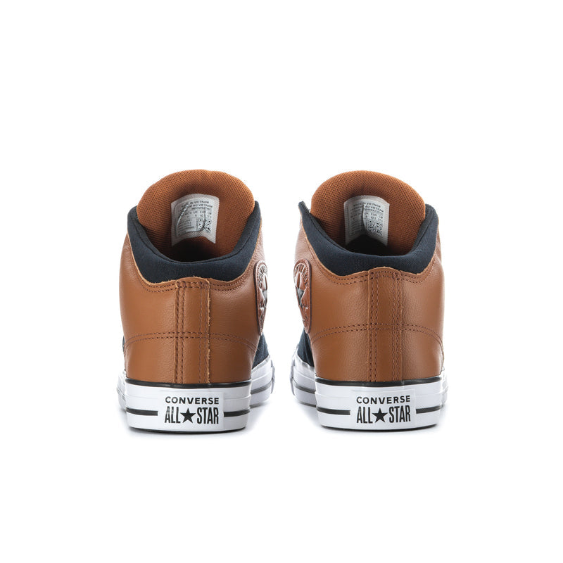 Back view of high-top sneaker with brown heel and black collar, white sole