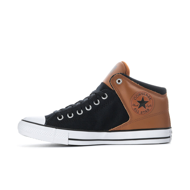 High-top sneaker with black canvas, brown side panel, white sole, and star logo