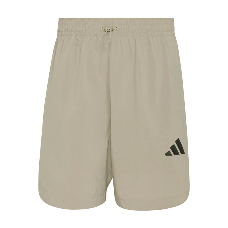 Men's khaki tech shorts with elastic drawstring waist and side logo