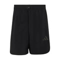 Black men's tech shorts with elastic waistband, drawstring, and side logo detail.