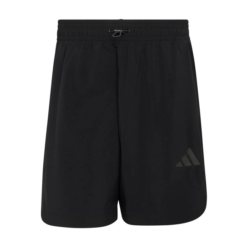 Black men's tech shorts with elastic waistband, drawstring, and side logo detail.