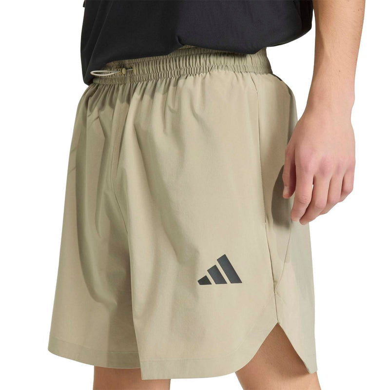 Men's khaki tech shorts with side logo and elastic waistband