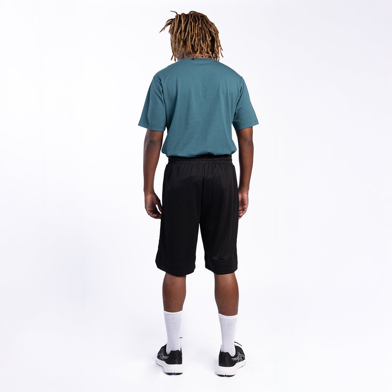 Men's black basketball shorts from behind with elastic waist and knee-length hem