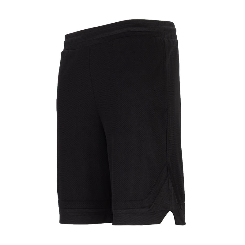 Men's black basketball shorts side view with relaxed fit and hem paneling
