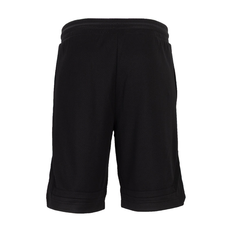 Men's black basketball shorts rear view with elastic waistband and tapered leg