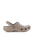 Taupe women's clog with perforated upper, heel strap, and round logo pin