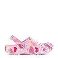 Women's pink heart-print clog with adjustable heel strap and slip-on upper