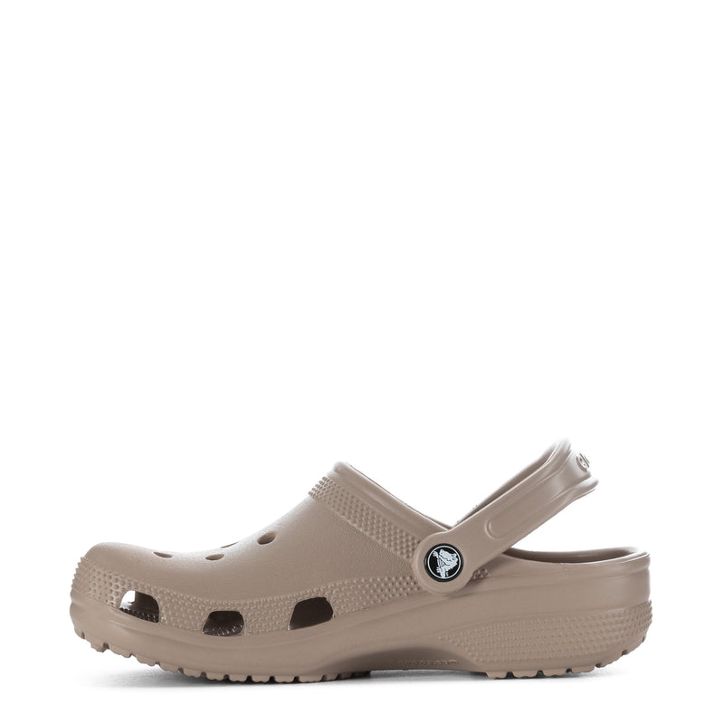 Taupe women's clog side view with vent holes and black cutout accents