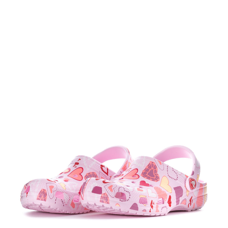 Women's pink clog with open heel sling and heart-print upper