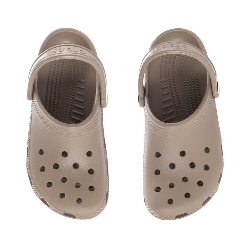 Taupe clog openings with textured footbed and rows of ventilation holes