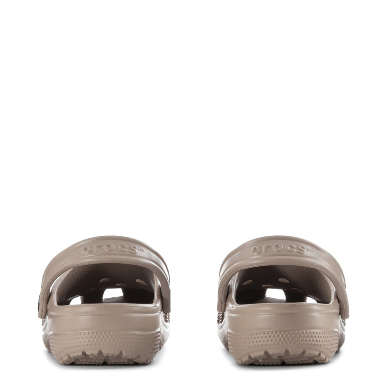 Taupe clogs heel view with back strap and treaded sole