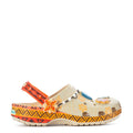 Youth clog in orange with patterned canvas top and flower charm, perforated sides