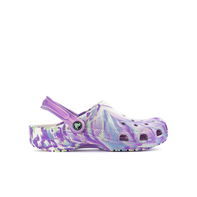 Youth clog in purple and white marble print, with vent holes and tread sole