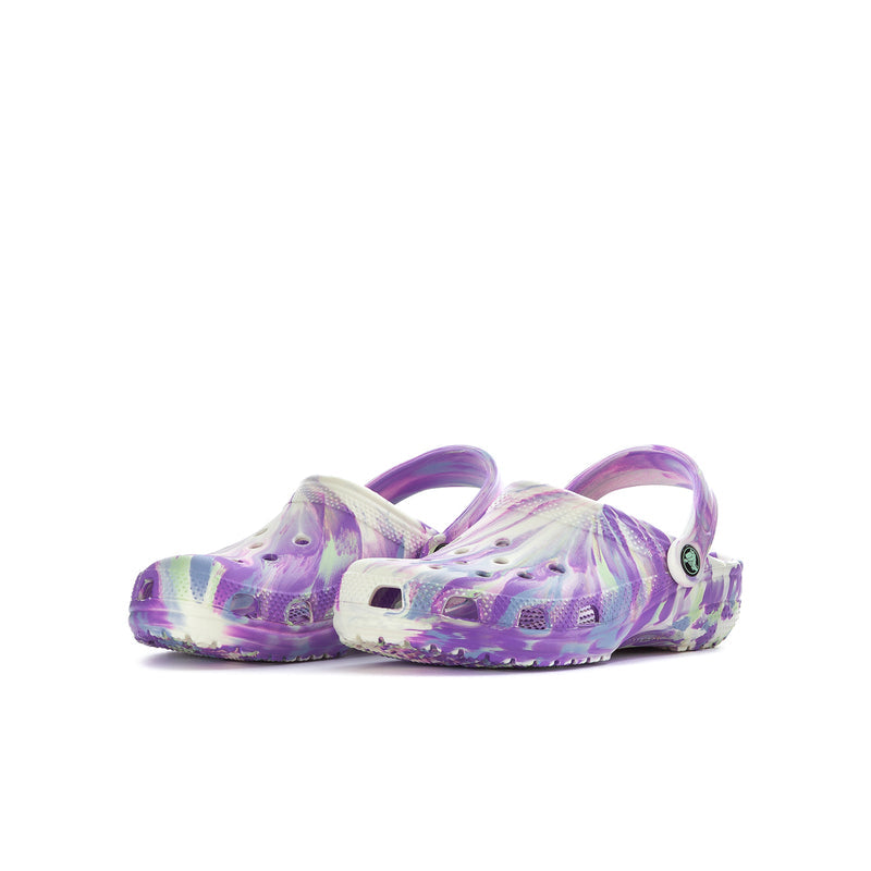 Youth clog with purple heel strap, white laces, and colorful abstract marble print