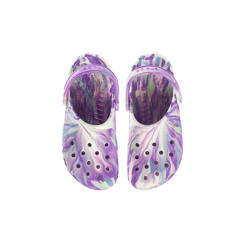 Pair of youth clogs, purple and white print with round ventilation holes