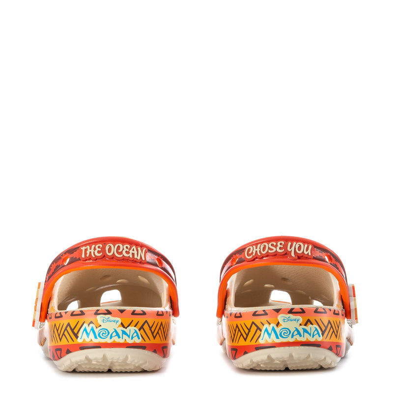 Back view of youth clogs with “THE OCEAN” and “CHOOSE YOU” on orange heel