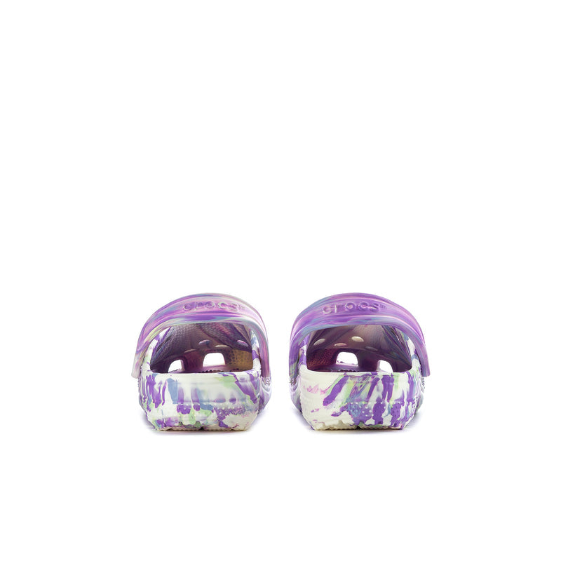 Youth clog pair viewed from back, purple and white marble print with heel detail