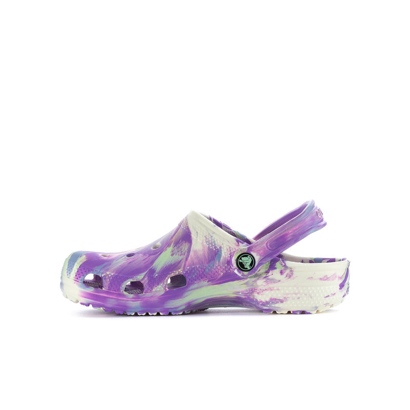 Youth clog in purple and white marble print, side view with round logo on strap