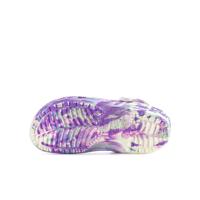 Youth clog sole shown, purple and white abstract print with textured traction tread