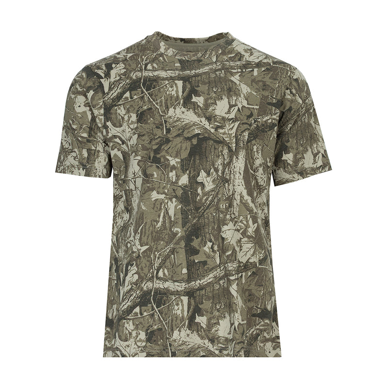 Men's tree camo crew-neck T-shirt with short sleeves, front full camo print