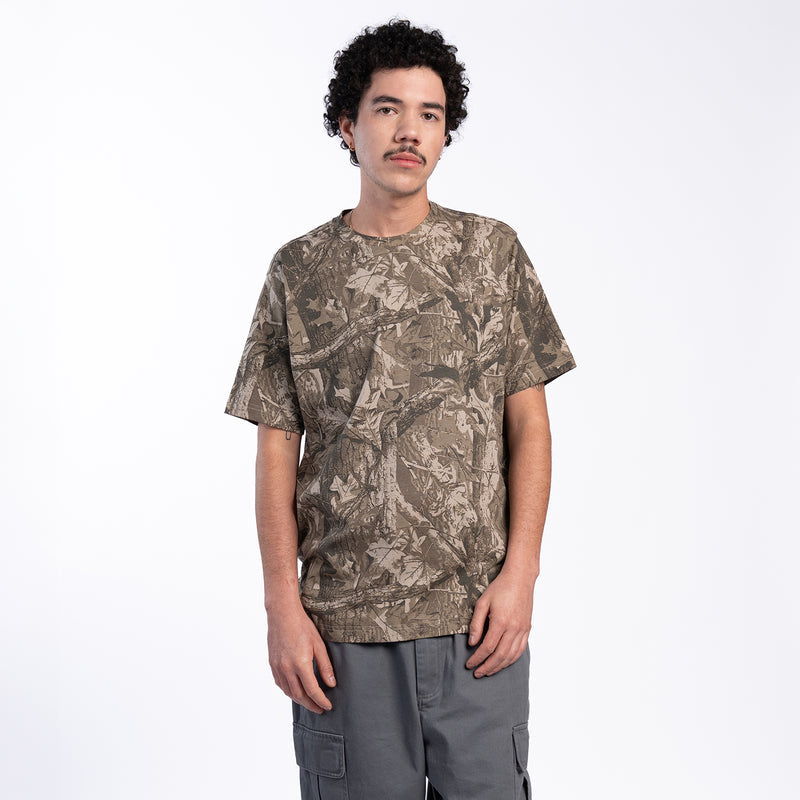 Men's tree camo crew-neck T-shirt with short sleeves, full front camo print