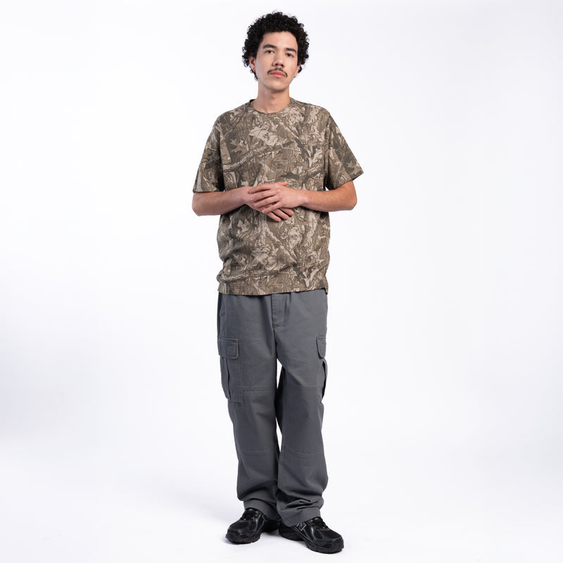 Men's tree camo crew-neck T-shirt, short sleeves, camo print across chest