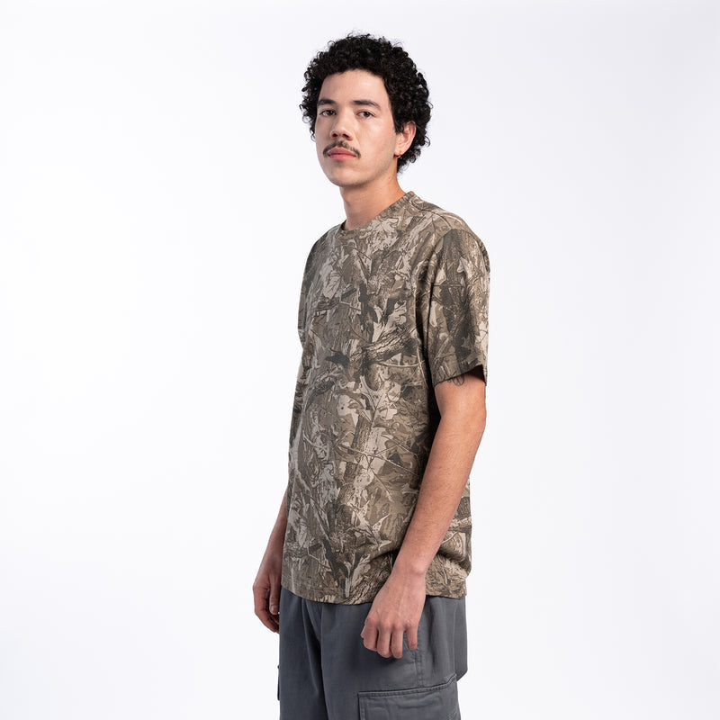 Men's tree camo crew-neck T-shirt with short sleeves, side view of camo print
