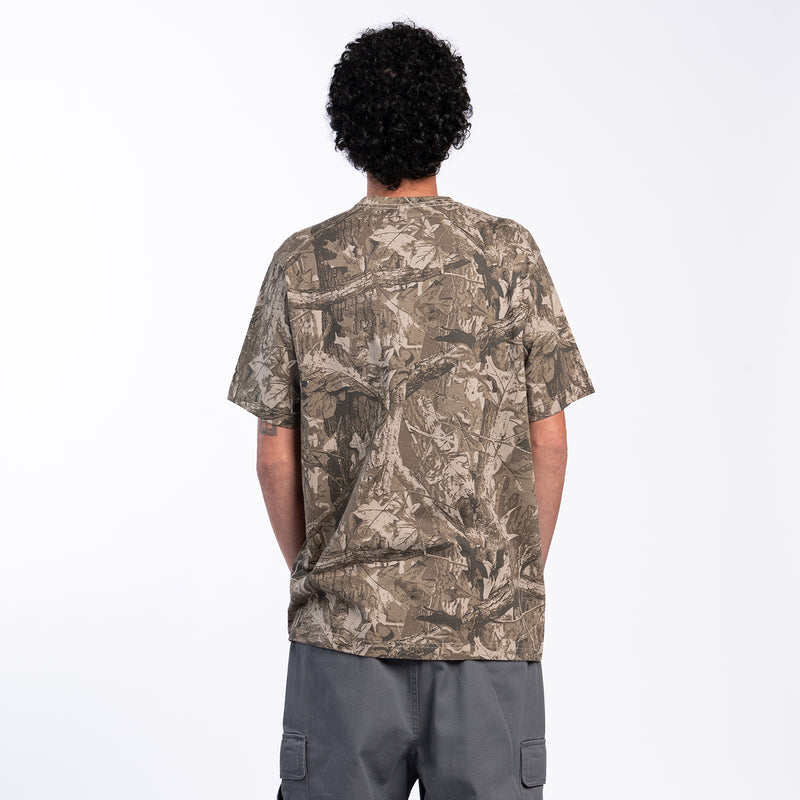 Men's tree camo crew-neck T-shirt, back view with full camo print