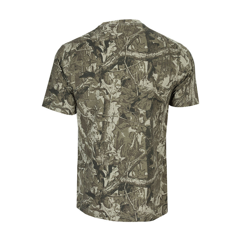 Men's tree camo crew-neck T-shirt, back view with full camo print