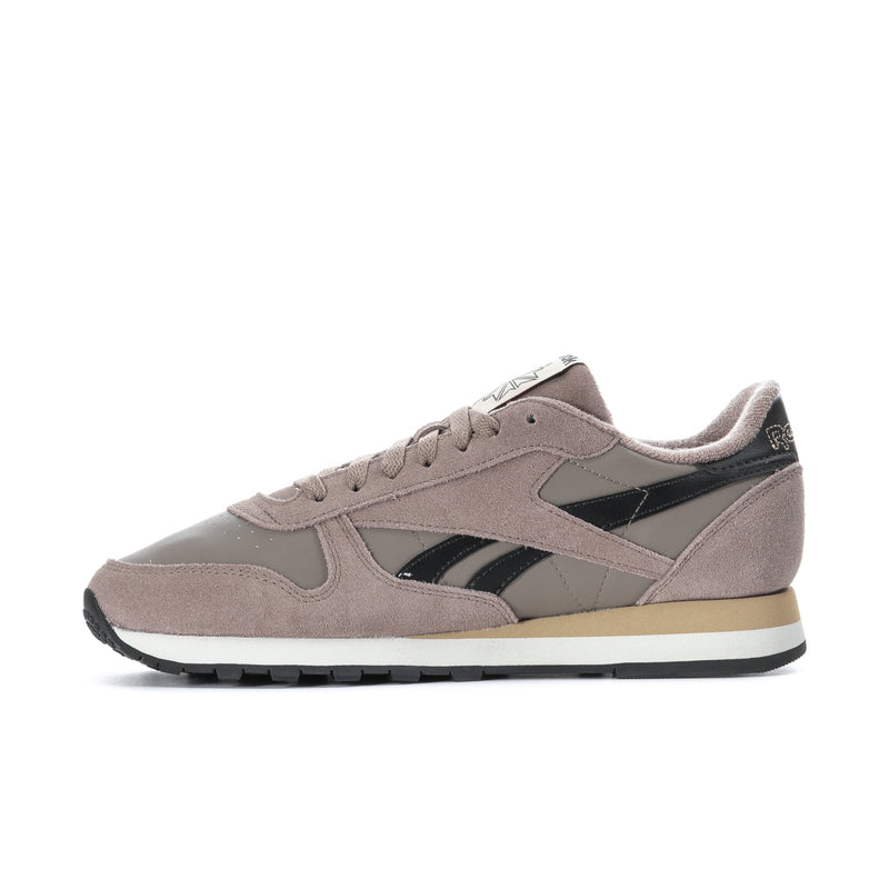 Reebok men's classic leather-style sneakers in light gray with black side stripe panels