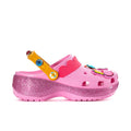 Womens pink platform clog with glitter sole, yellow strap, decorative charms
