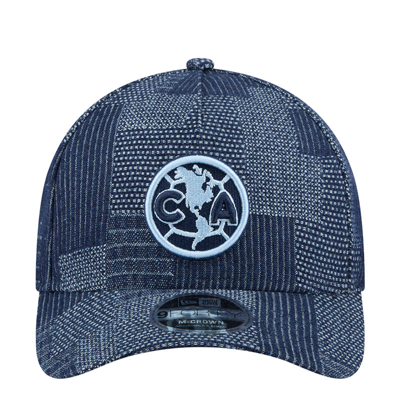 Denim A-frame baseball cap with Club America crest patch, dark blue patterned panels