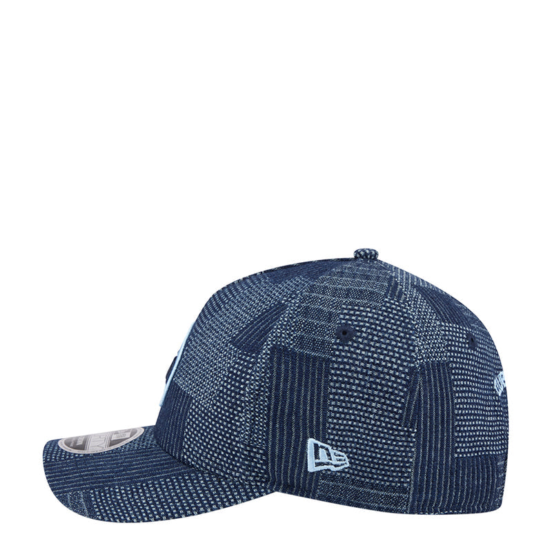 Denim A-frame baseball cap with side New Era flag and blue patterned patchwork
