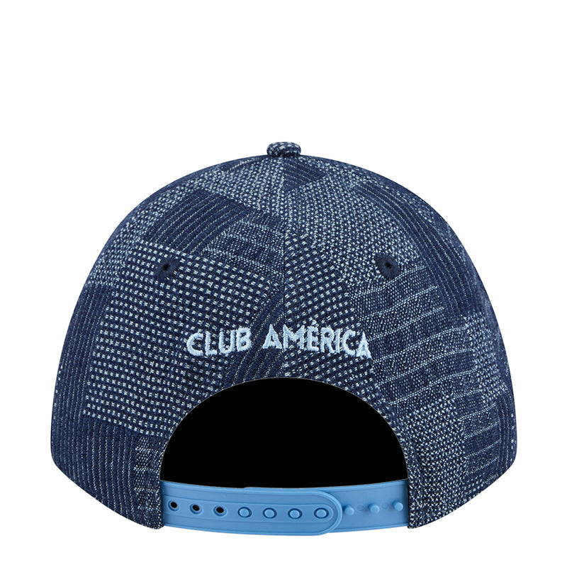 Denim A-frame baseball cap with CLUB AMERICA text on front and blue geometric texture