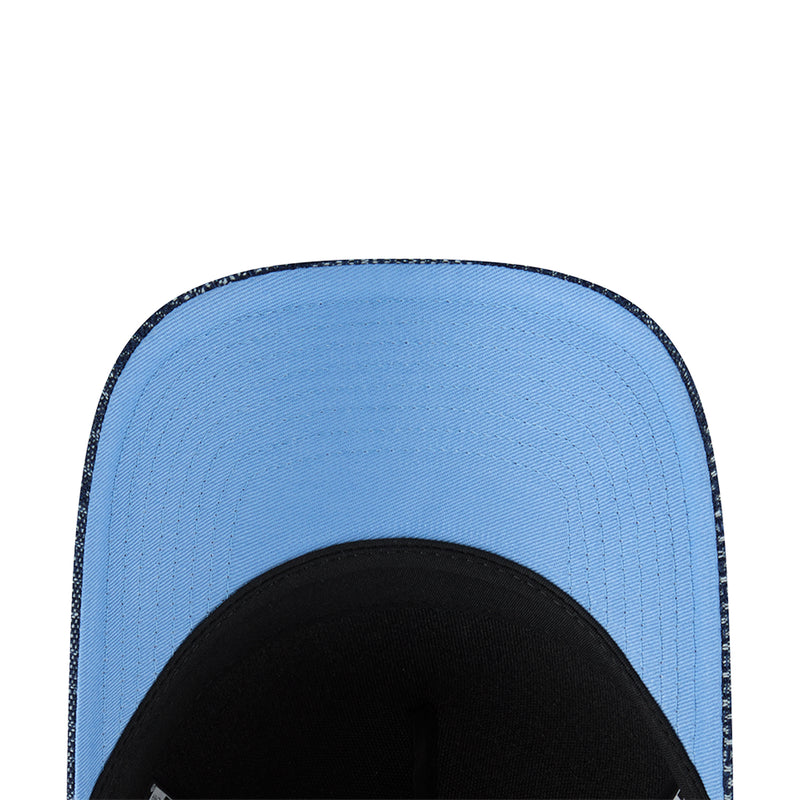 Light blue denim A-frame cap with dark inner brim and stitched crown panel