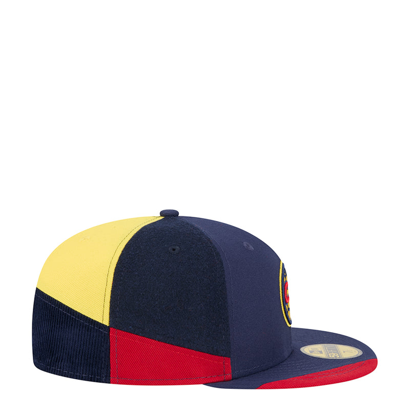 Navy snapback cap with red and yellow colorblock, side view with round logo patch